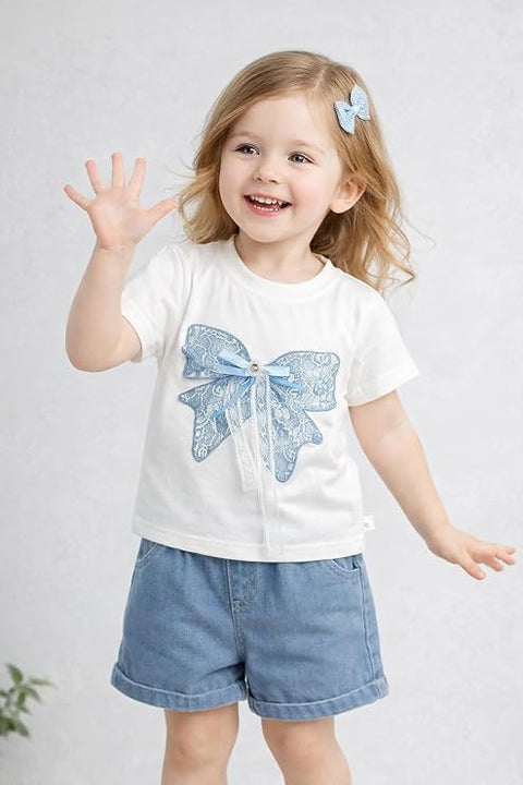 Girl Half Sleeve Bow Lace T-Shirt with Shorts