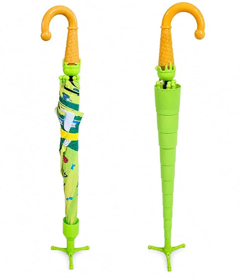 Kids Frog Print Rain Umbrella with Built-in Cover & Stand