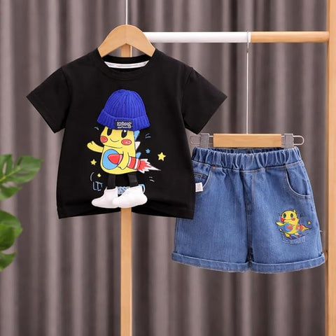 Boys Cartoon Print T-Shirt with Denim Shorts
