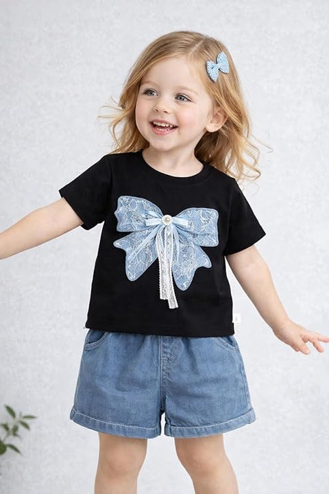 Girl Half Sleeve Bow Lace T-Shirt with Shorts