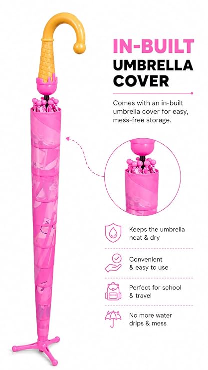 Kids Cat Print Rain Umbrella with Built-in Cover & Stand