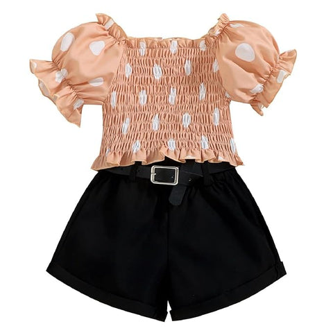 Girls Polka Dot Smocking Puff Sleeve Crop Top and Shorts with Black Belt Party Wear Set
