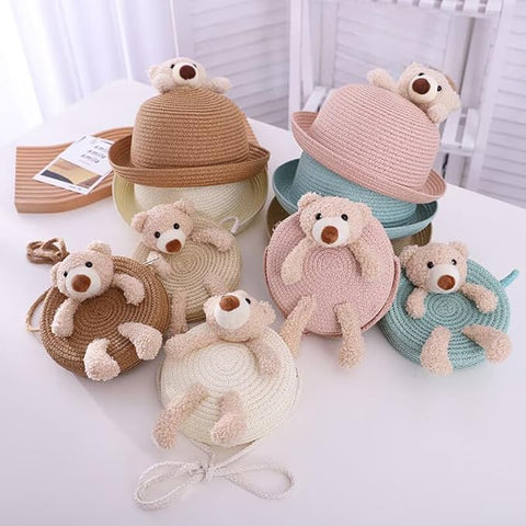 Cute Plush Bear Kids Straw Sun Hat N Sling Bag Combo for Girls 3-8 Years