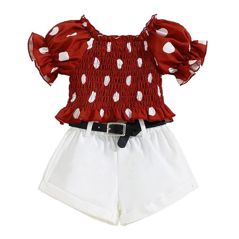 Girls Polka Dot Smocking Puff Sleeve Crop Top and Shorts with Black Belt Party Wear Set