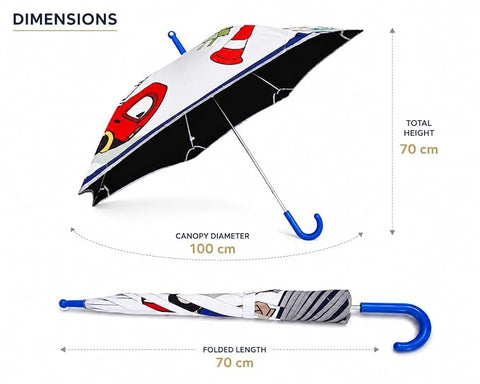 Kids Random Print Dark Blue Umbrella with Safe Rounded Edge & Rolling Wheel