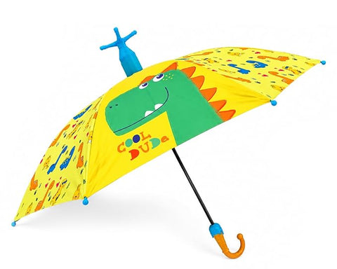 Kids Dino Print Rain Umbrella with Built-in Cover & Stand