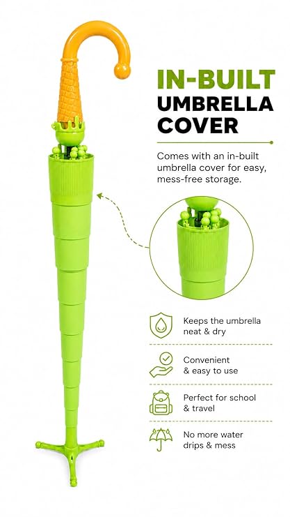 Kids Frog Print Rain Umbrella with Built-in Cover & Stand
