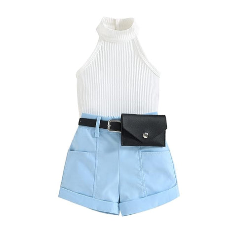 Girls Sleeveless Halter Neck Top and Contrast Shorts with Belt & Wallet, Partywear Co-ords Set