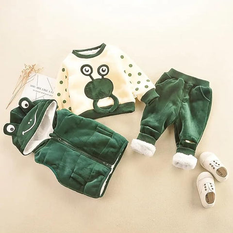 Cartoon Winter Warm Fleece T-shirt with Hooded Jacket & Joggers 3 Pc Winter Outfit for Kids