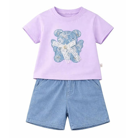 Adorable Bear Sequin Patch T-shirt and Denim Shorts Set for Infant Toddler Baby Girls
