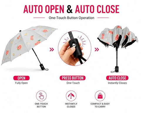 Adult's Grape Fruit Print 3 Fold Auto Open Close Umbrella for Sun & Rain