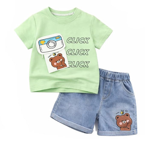Kids Cotton T-Shirt & Denim Shorts Set with Camera & Bear Print