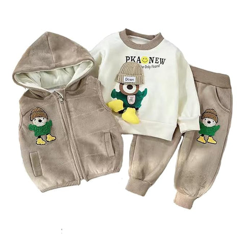 Kids Cotton Blend Winter Warm Bear With 3D Cap Print Sweatshirt Jacket & Pant 3-Piece Set