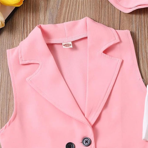 Girl’s Crop Spaghetti Top with Sleeveless Lapel Collar Coat, Hat & Shorts 4 Piece Co-ords Set