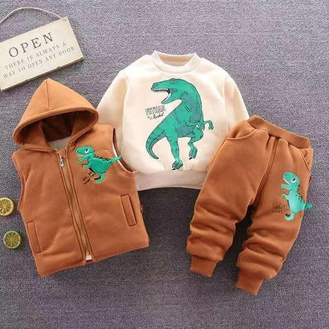 Cartoon Dinosaur Fur Fleece 3 Pc Warm Winter Sweatshirt Jacket & Jogger Pant Clothing Set for Girls & Boys Kids