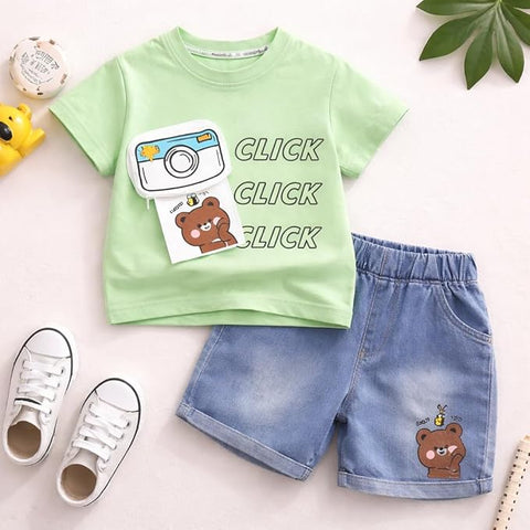 Kids Cotton T-Shirt & Denim Shorts Set with Camera & Bear Print