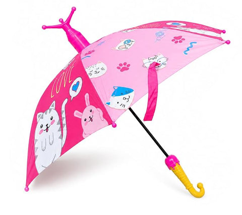 Kids Cat Print Rain Umbrella with Built-in Cover & Stand