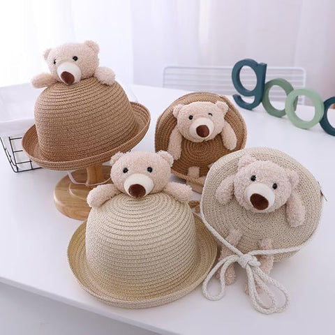 Cute Plush Bear Kids Straw Sun Hat N Sling Bag Combo for Girls 3-8 Years
