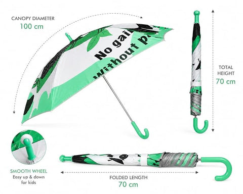 Kids Random Print Green Umbrella with Safe Rounded Edge & Rolling Wheel