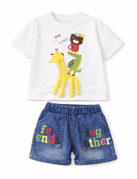 Kids Boys 2-Piece Summer Clothing Set with 3D Giraffe Applique