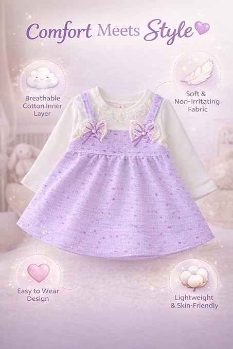 Baby Girls Self-Embroidered Full Sleeve Pinafore Frock Midi Dress T-shirt Tunic Set for Infant Girls