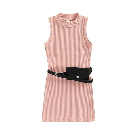 Girl’s Sleeveless Ribbed Stylish Monochrome Party Dress Frock Tunic with PU Leather Belt and Wallet