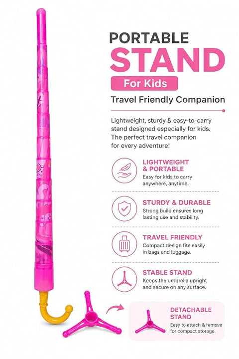 Kids Cat Print Rain Umbrella with Built-in Cover & Stand