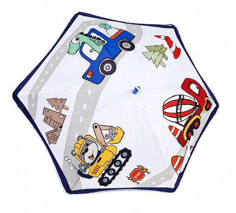 Kids Random Print Dark Blue Umbrella with Safe Rounded Edge & Rolling Wheel