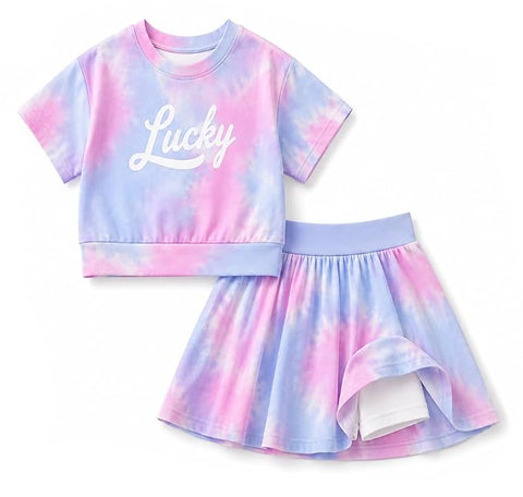 Girls Tie Dye Top with Divider Skirt Co Ord Set