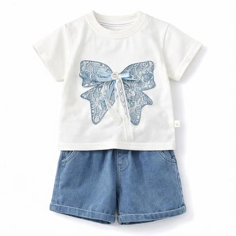 Girl Half Sleeve Bow Lace T-Shirt with Shorts