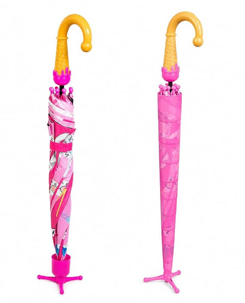 Kids Cat Print Rain Umbrella with Built-in Cover & Stand