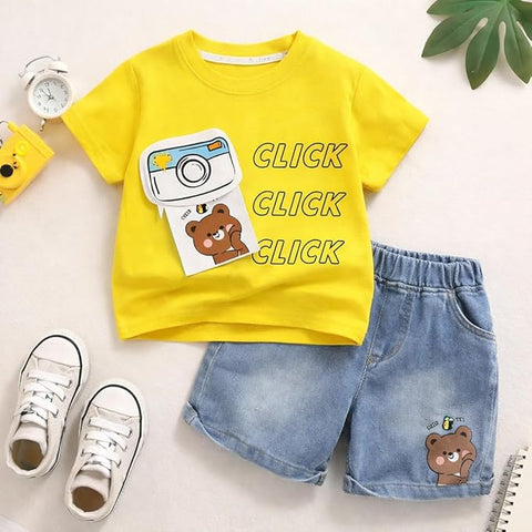 Kids Cotton T-Shirt & Denim Shorts Set with Camera & Bear Print