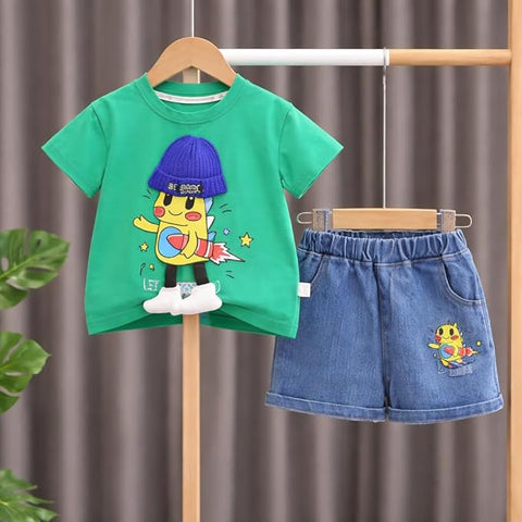 Boys Cartoon Print T-Shirt with Denim Shorts