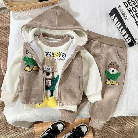 Kids Cotton Blend Winter Warm Bear With 3D Cap Print Sweatshirt Jacket & Pant 3-Piece Set