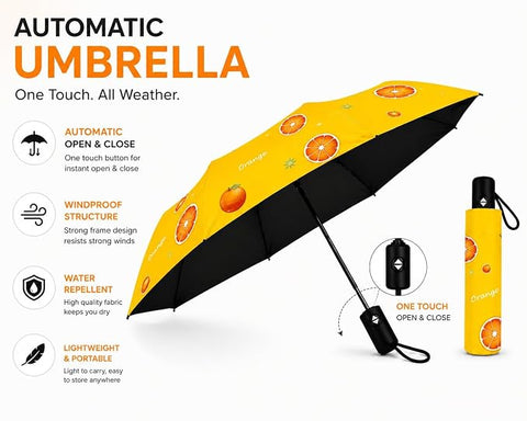 Bold N Elegant Orange Print Adult's 3 Fold Auto Open Close Umbrella for Sun & Rain