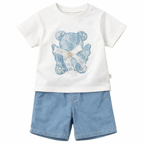 Adorable Bear Sequin Patch T-shirt and Denim Shorts Set for Infant Toddler Baby Girls