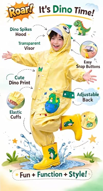 Kids Cute Dino Hooded Rain Suit