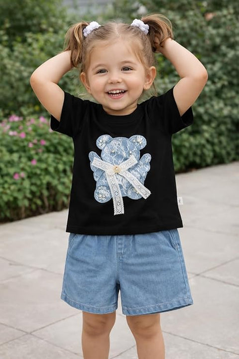 Adorable Bear Sequin Patch T-shirt and Denim Shorts Set for Infant Toddler Baby Girls