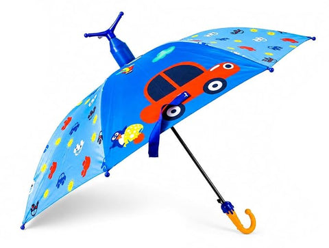 Kids Cartoon Car Rain Umbrella with Built-in Cover & Stand