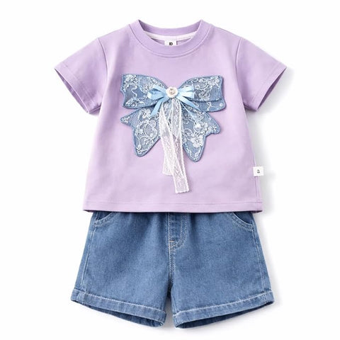 Girl Half Sleeve Bow Lace T-Shirt with Shorts