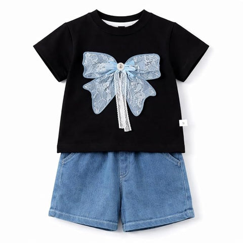 Girl Half Sleeve Bow Lace T-Shirt with Shorts