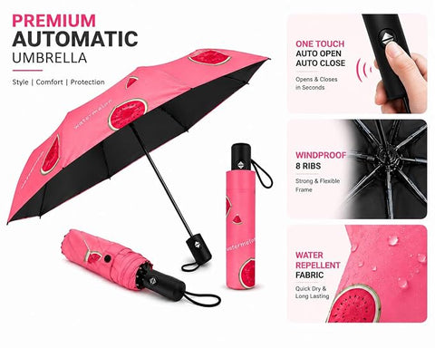 Adult's Watermelon Print 3 Fold Auto Open Close Umbrella for Sun & Rain