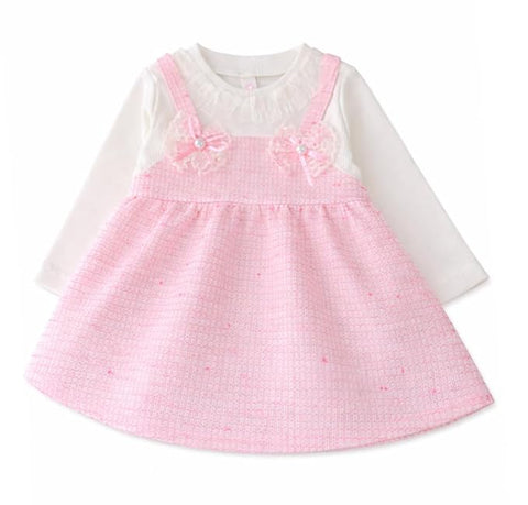 Baby Girls Self-Embroidered Full Sleeve Pinafore Frock Midi Dress T-shirt Tunic Set for Infant Girls