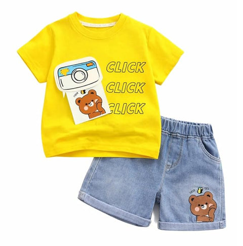 Kids Cotton T-Shirt & Denim Shorts Set with Camera & Bear Print