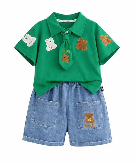 Boys Teddy Bear Embroidered Polo T-Shirt & Denim Shorts Co-Ord Set