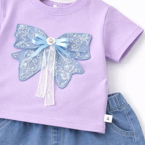 Girl Half Sleeve Bow Lace T-Shirt with Shorts