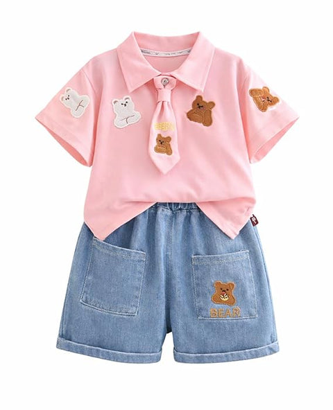 Boys Teddy Bear Embroidered Polo T-Shirt & Denim Shorts Co-Ord Set