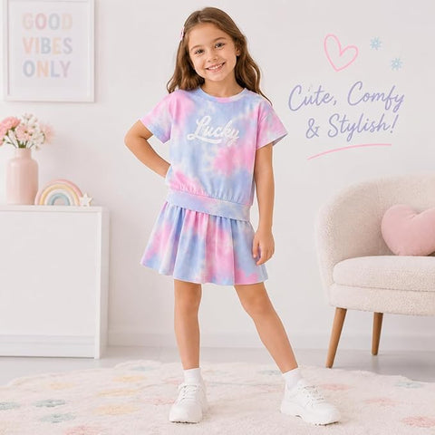 Girls Tie Dye Top with Divider Skirt Co Ord Set