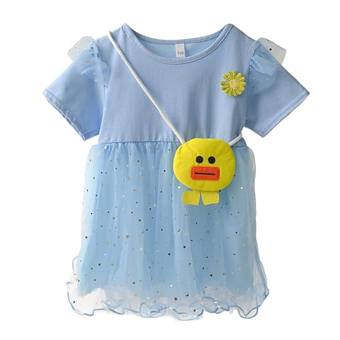 Girls Giltter Solid Tutu Frock Dress With Duck Theme Sling Bag