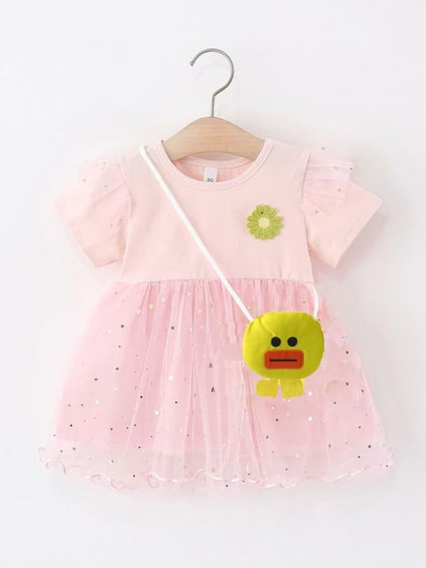 Girls Giltter Solid Tutu Frock Dress With Duck Theme Sling Bag